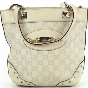 GUCCI Guccissima vintage GG logo silver Canvas Leather Tote Bag White Auth